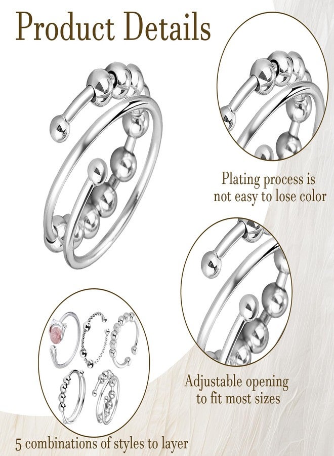 PQJSJDR 5 pac Adjustable Fidget Rings With Beads,Silver Stainless Steel Ring Anti Anxiety Ring Spinning,Anti-worry Bead Rings Spinner Ring,Fidget Ring for Women - Image 3